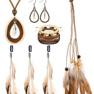 7-Piece Boho Accessory Set with Feather Headband Necklace Earrings Bracelet